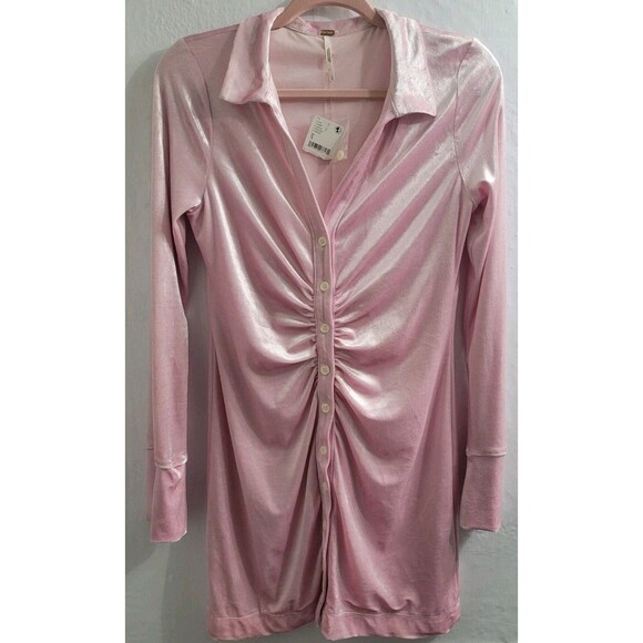 FREE PEOPLE Sz Small Shayla Pink Velvet Long Sleeved Button-Up Mini Dress Preppy - Picture 1 of 8